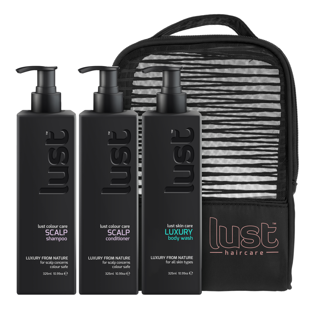 Image of Lust Haircare Christmas pack for Scalp care showcasing sulphate-free shampoo, conditioner and a body wash with a beauty bag in the background 