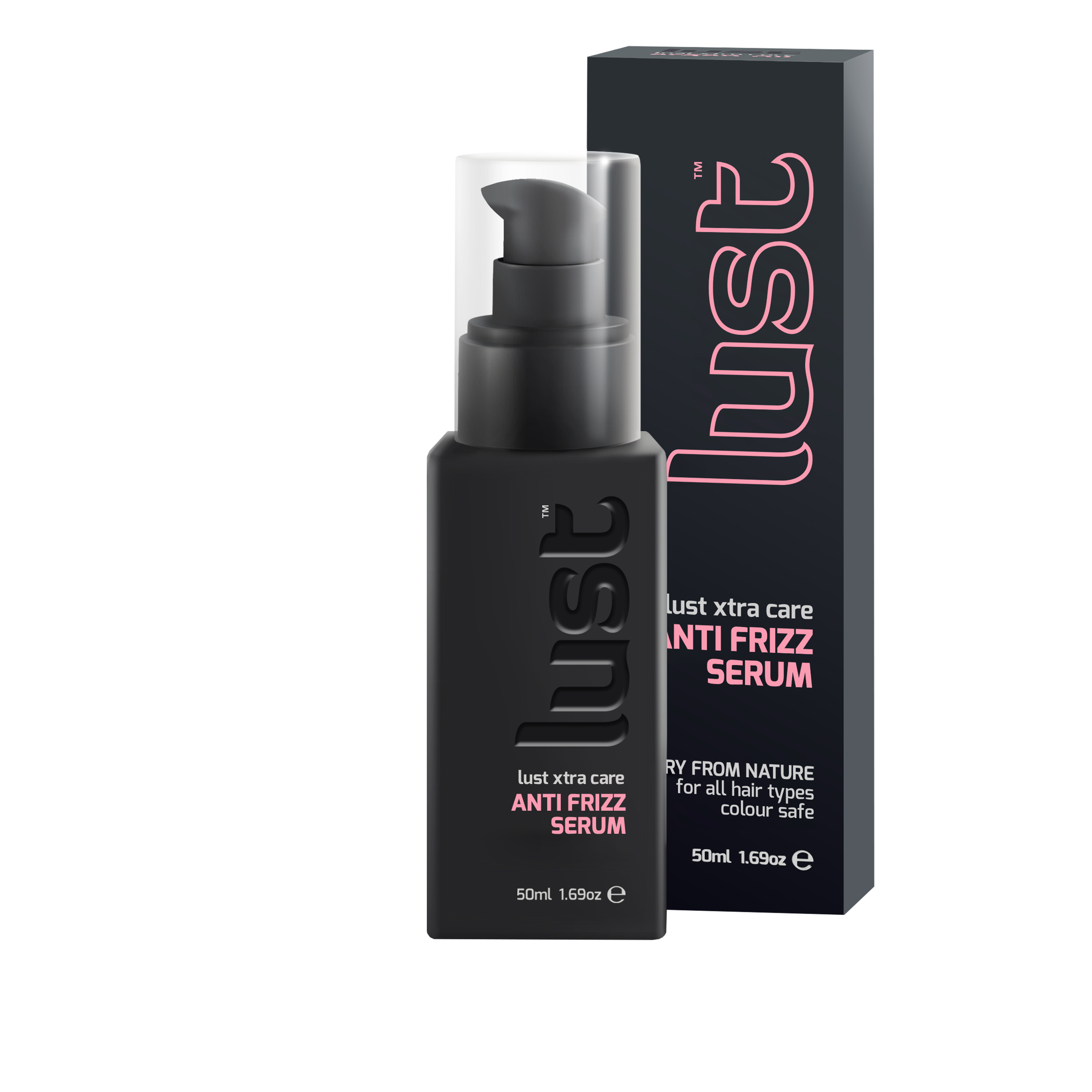 Anti Frizz serum + packaging by Lust Haircare