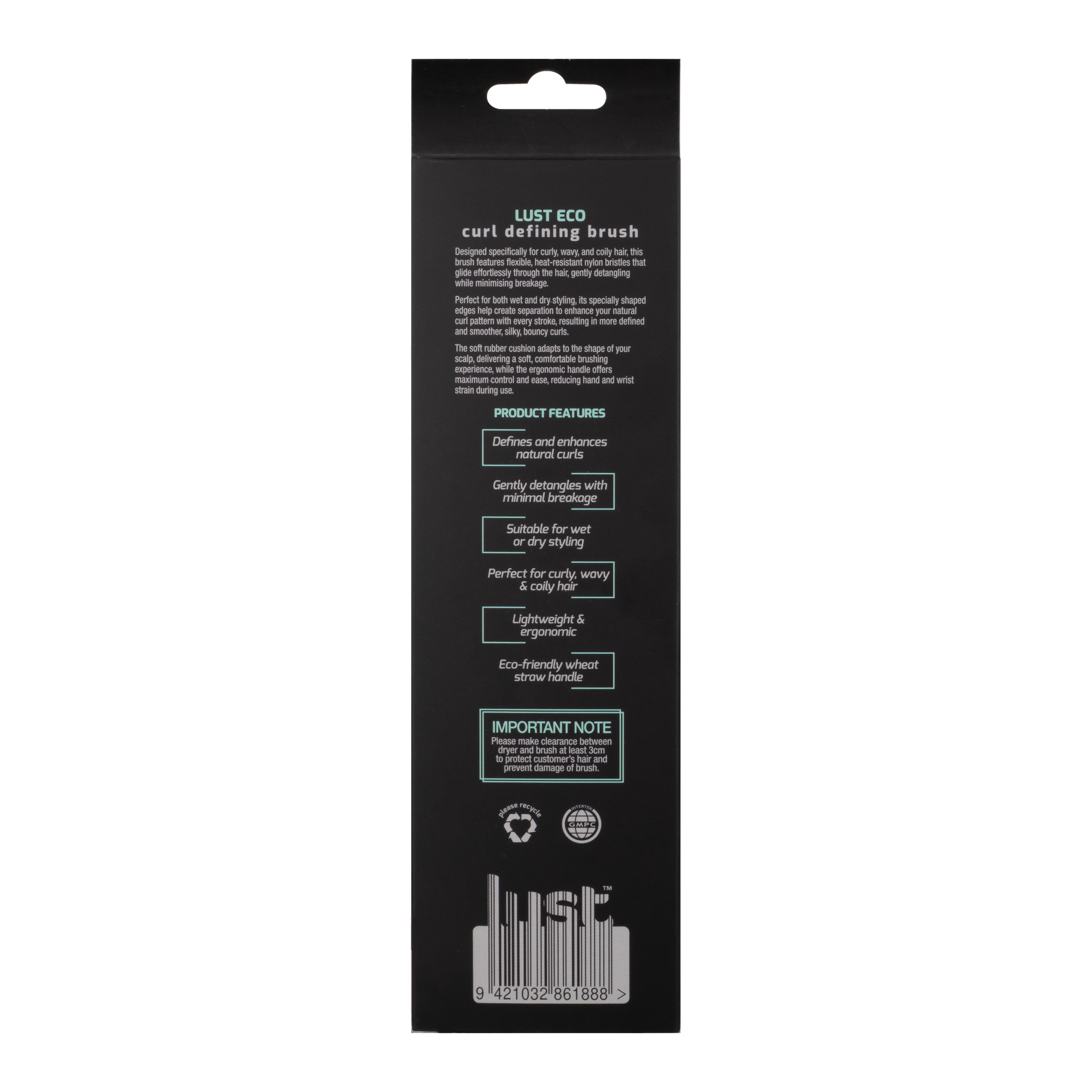 Back of box for eco-friendly curl defining hairbrush  - hairbrush for curly hair - Lust hair products NZ