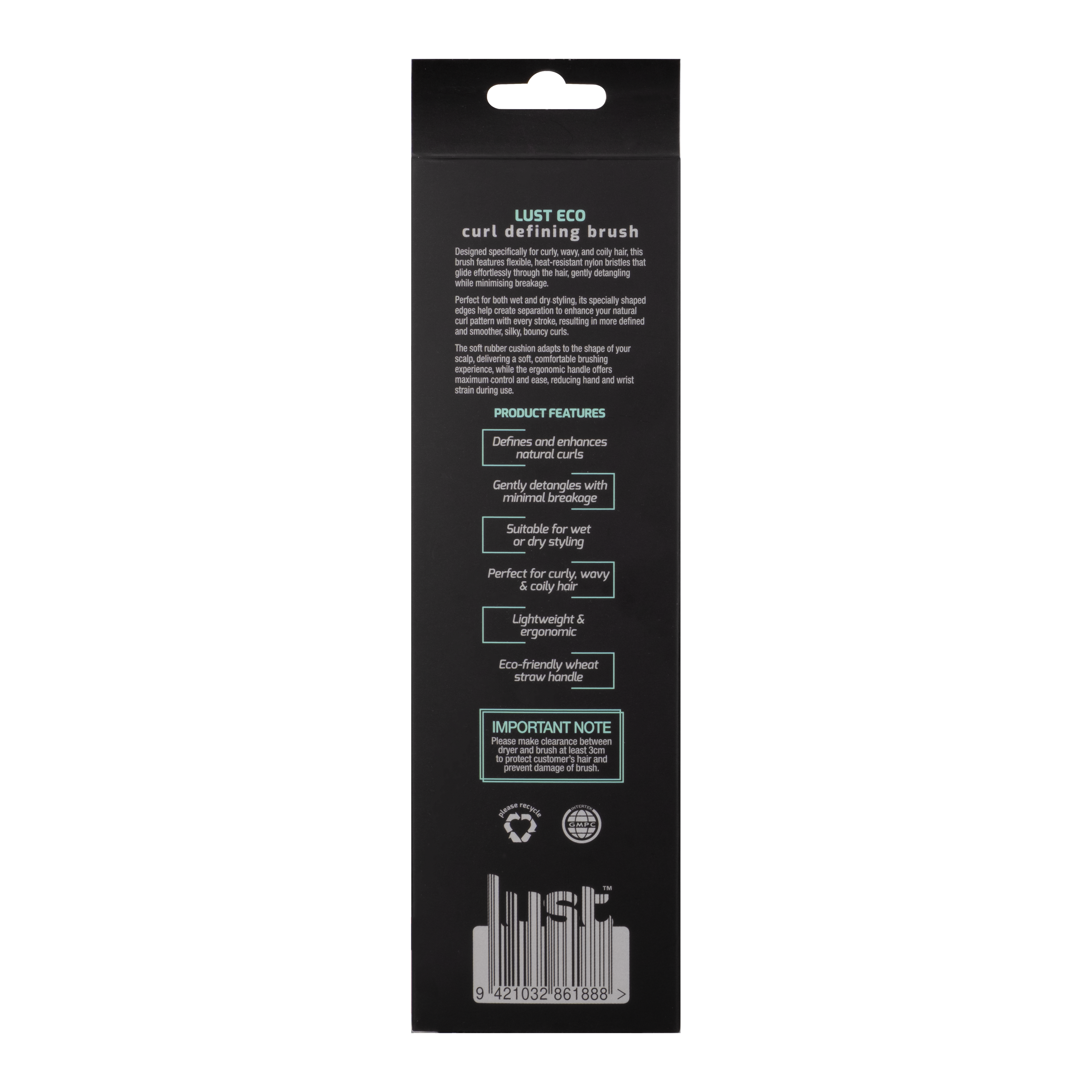 Back of box for eco-friendly curl defining hairbrush  - hairbrush for curly hair - Lust hair products NZ