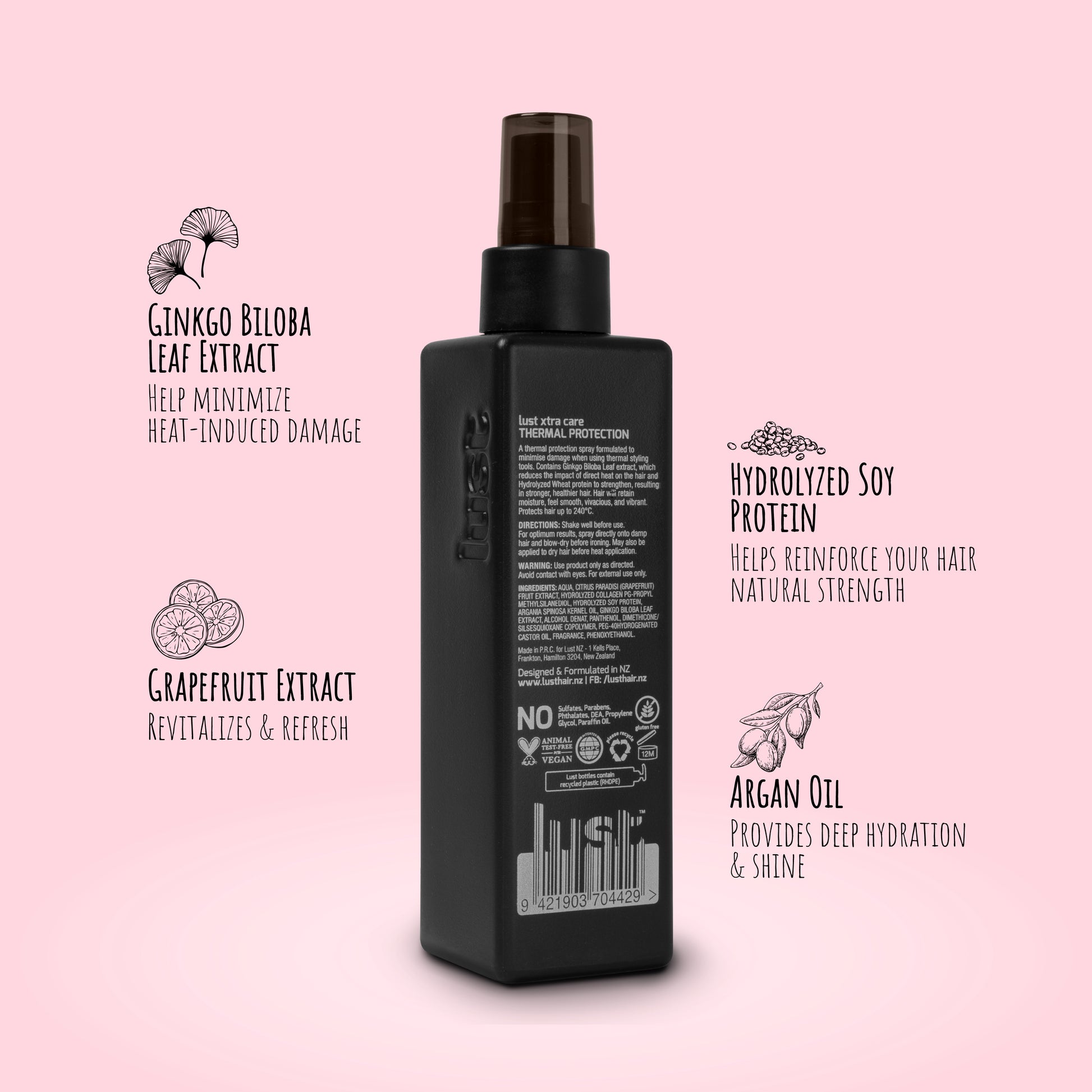 Lust Haircare NZ heat protectant spray key ingredients