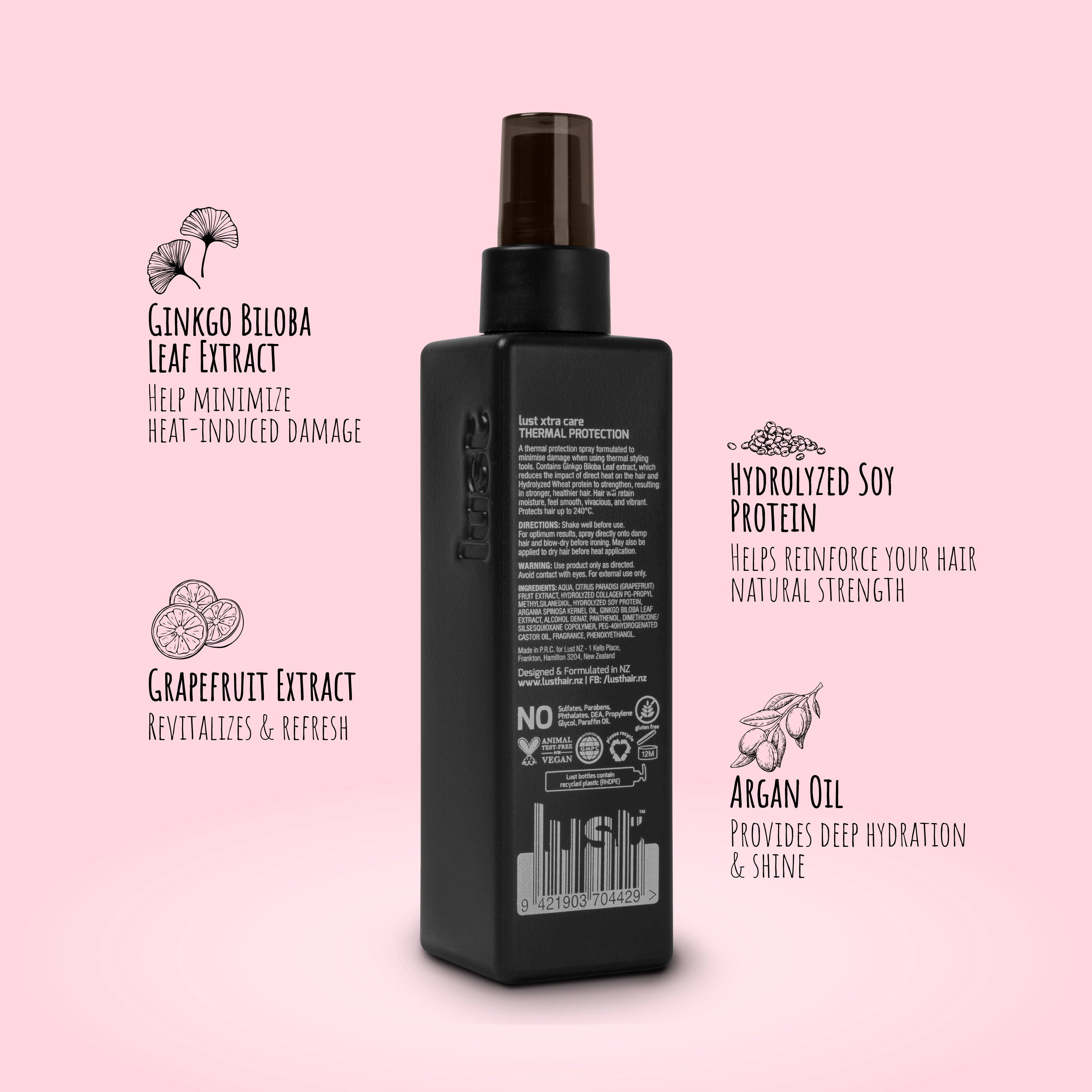 Lust Haircare NZ heat protectant spray key ingredients