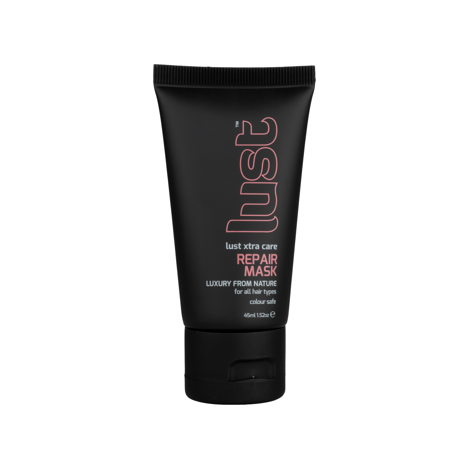 Front tube of Lust Repair Mask, a strengthening travel-size hair mask for damaged hair from Lust Haircare NZ