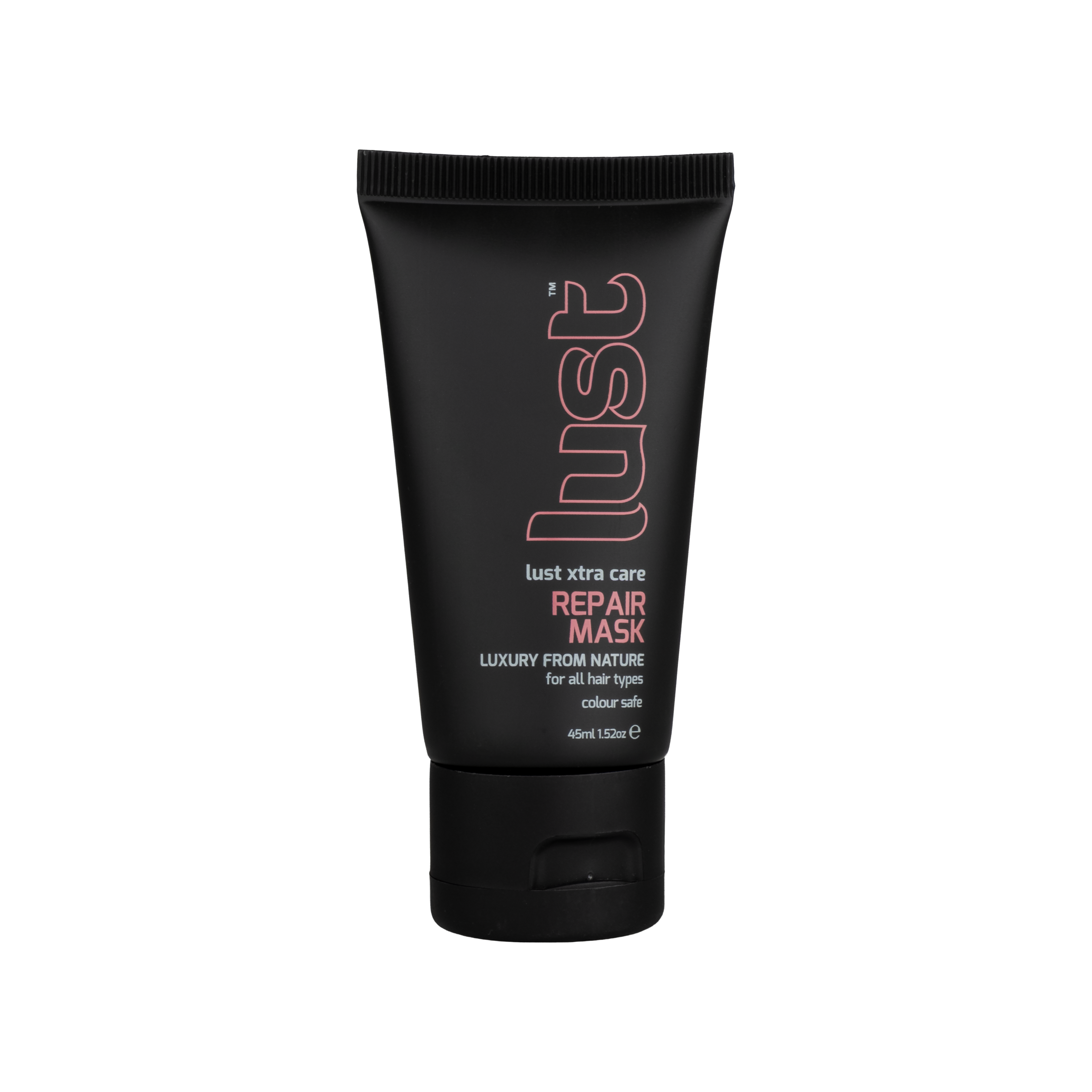 Front tube of Lust Repair Mask, a strengthening travel-size hair mask for damaged hair from Lust Haircare NZ